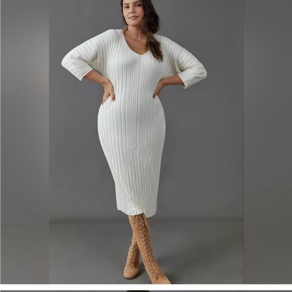 MAEVE ANTHROPOLOGIE Maris Midie White Sweater Long Sleeve Ribbed Bodycon Dress - Picture 1 of 7